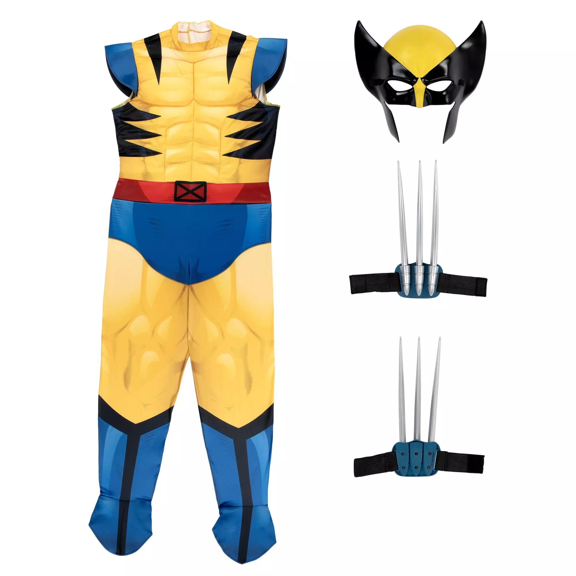 Disney Store Children’s Wolverine Halloween costume set with yellow suit, mask, and claws displayed on a white background.