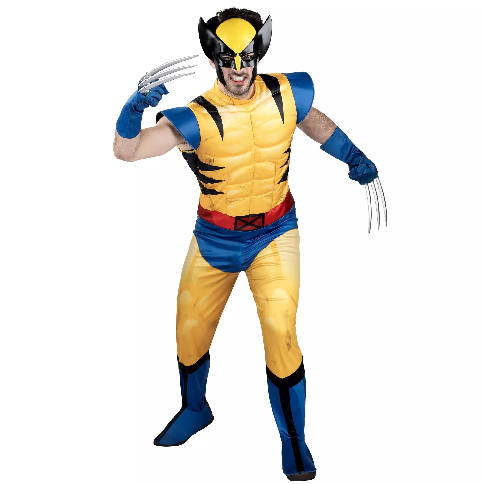 Person in a yellow and blue Wolverine costume from the Disney Store, claws extended, posing in a dynamic Halloween stance.