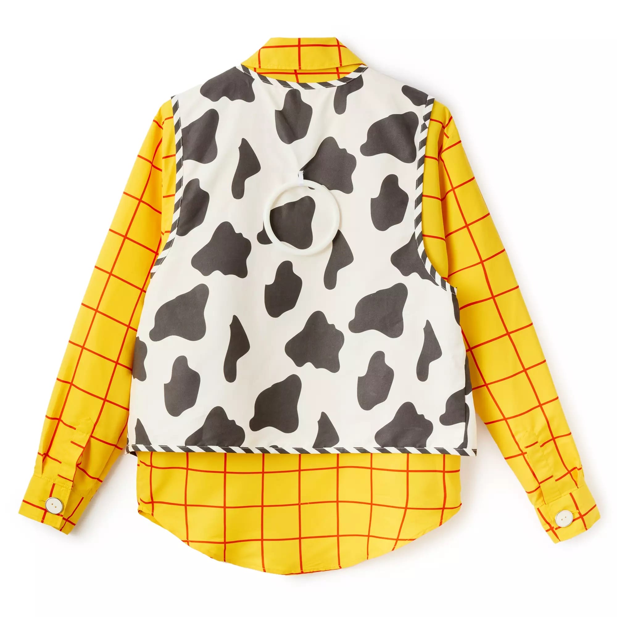 Yellow plaid shirt with a cow-print vest, perfect for Disney Store Halloween costumes, includes a pull string back.