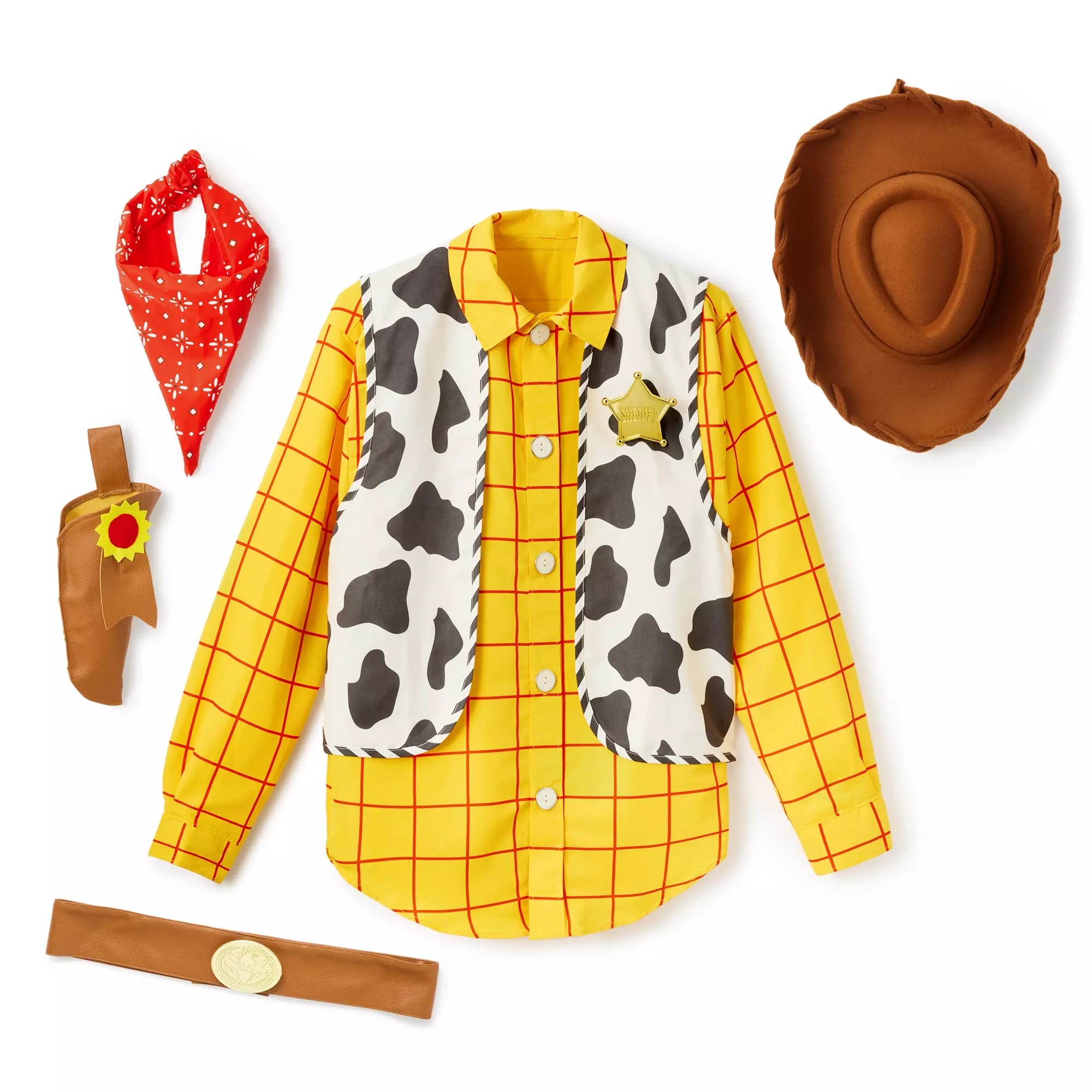 Disney Store Halloween costume featuring yellow plaid shirt, cow-print vest, sheriff badge, red bandana, hat, and belt.