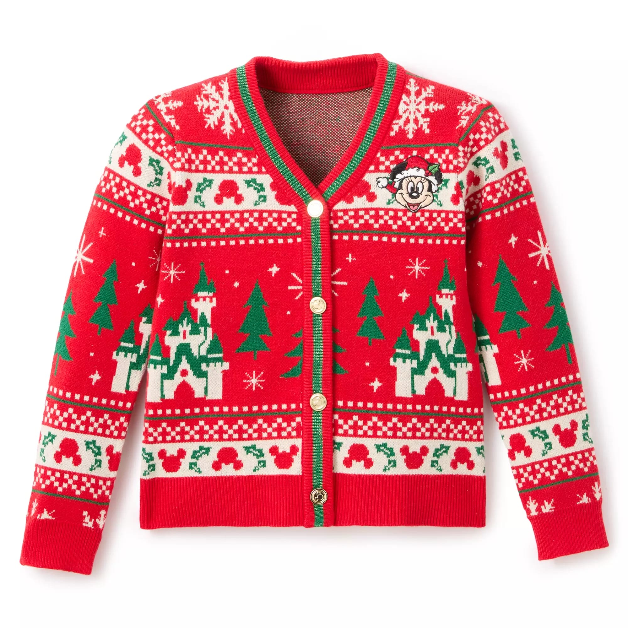 Red holiday sweater with Disney castle, Mickey Mouse, and snowflakes—2025 Disney Christmas Merchandise from the Disney Store.
