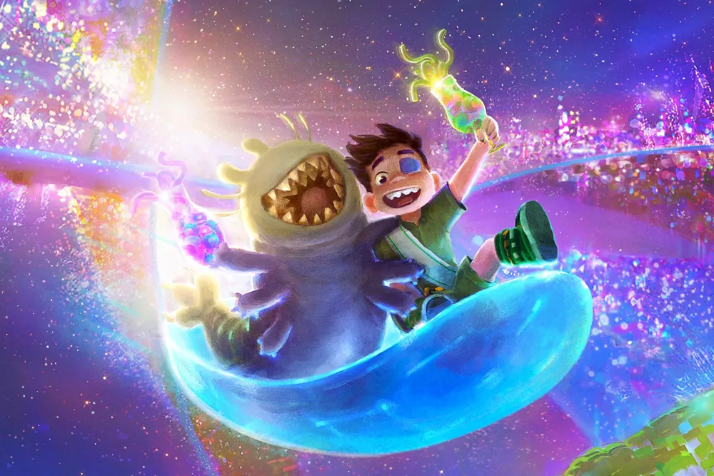 A boy and a playful blue creature slide joyfully through Elio’s vibrant, sparkling fantasy world on Disney+.