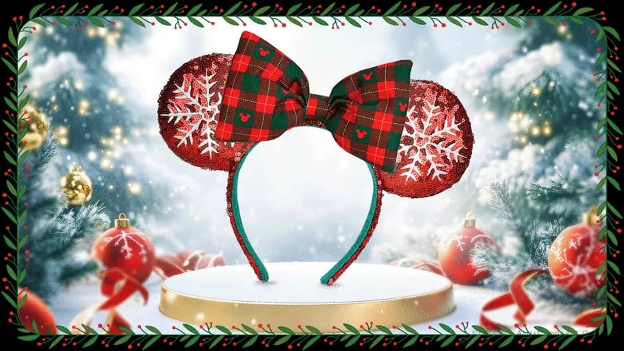 Red and green plaid Minnie Mouse ears with snowflakes, perfect for a Disneyland Paris holiday, displayed on a festive background.