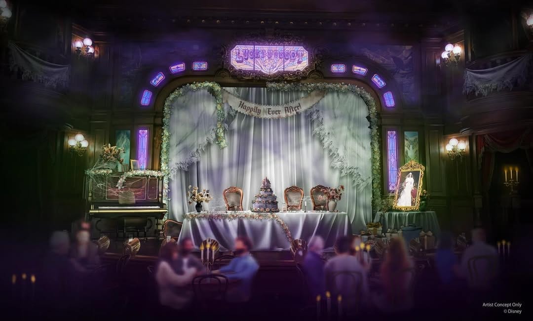 Elegant ballroom with a wedding table, floral decor, animal figurines, and blurred guests seated at candlelit tables.