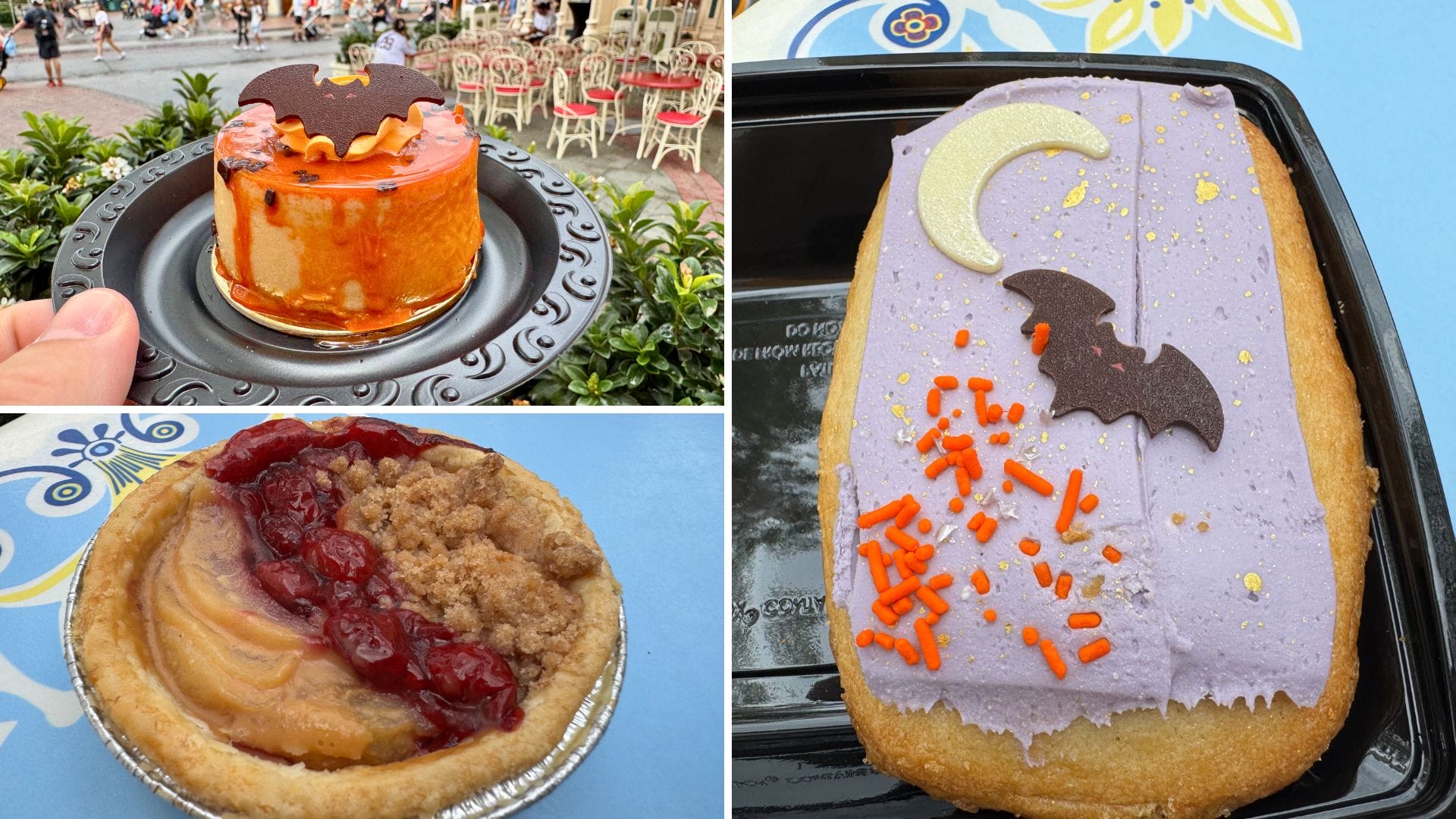 Three Halloween menu items: an orange cake with a bat, cherry tart, and a cookie with purple icing, bat, and moon.