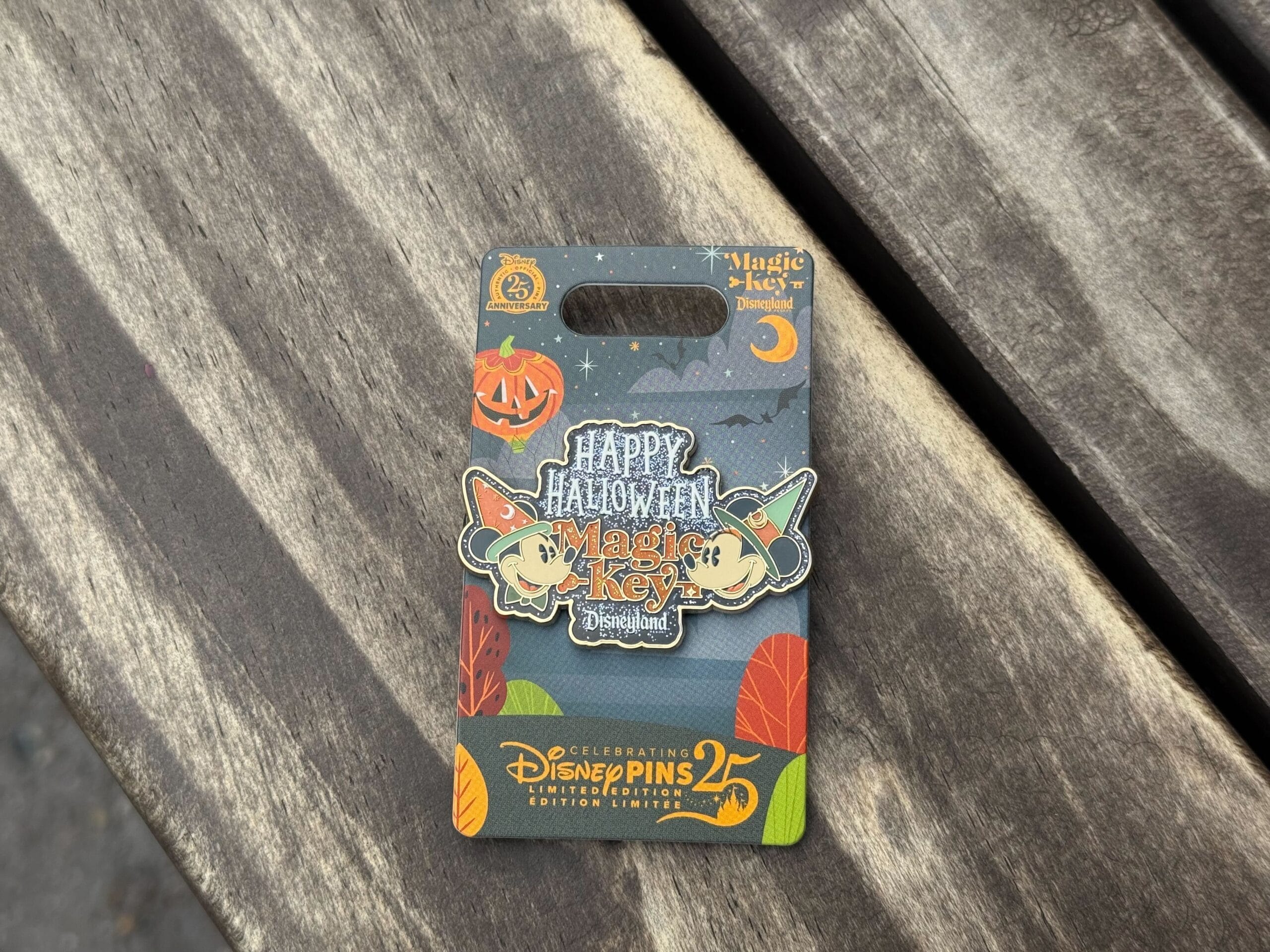 A Disneyland “Happy Halloween Magic Key” pin, part of Disneyland pins, shows two characters in witch hats on wood.