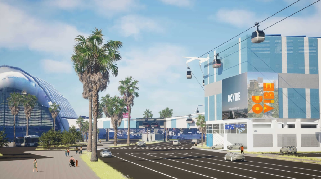 Rendering of a modern cityscape with palm trees, Anaheim gondola cars, and a building featuring an "OC VIBE" sign.