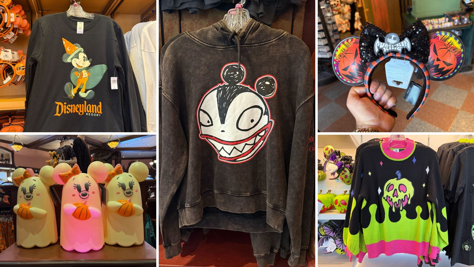 Collage of 2025 Halloween merchandise at Disneyland Resort, featuring shirts, a hoodie, light-up cups, and Minnie Mouse ears.