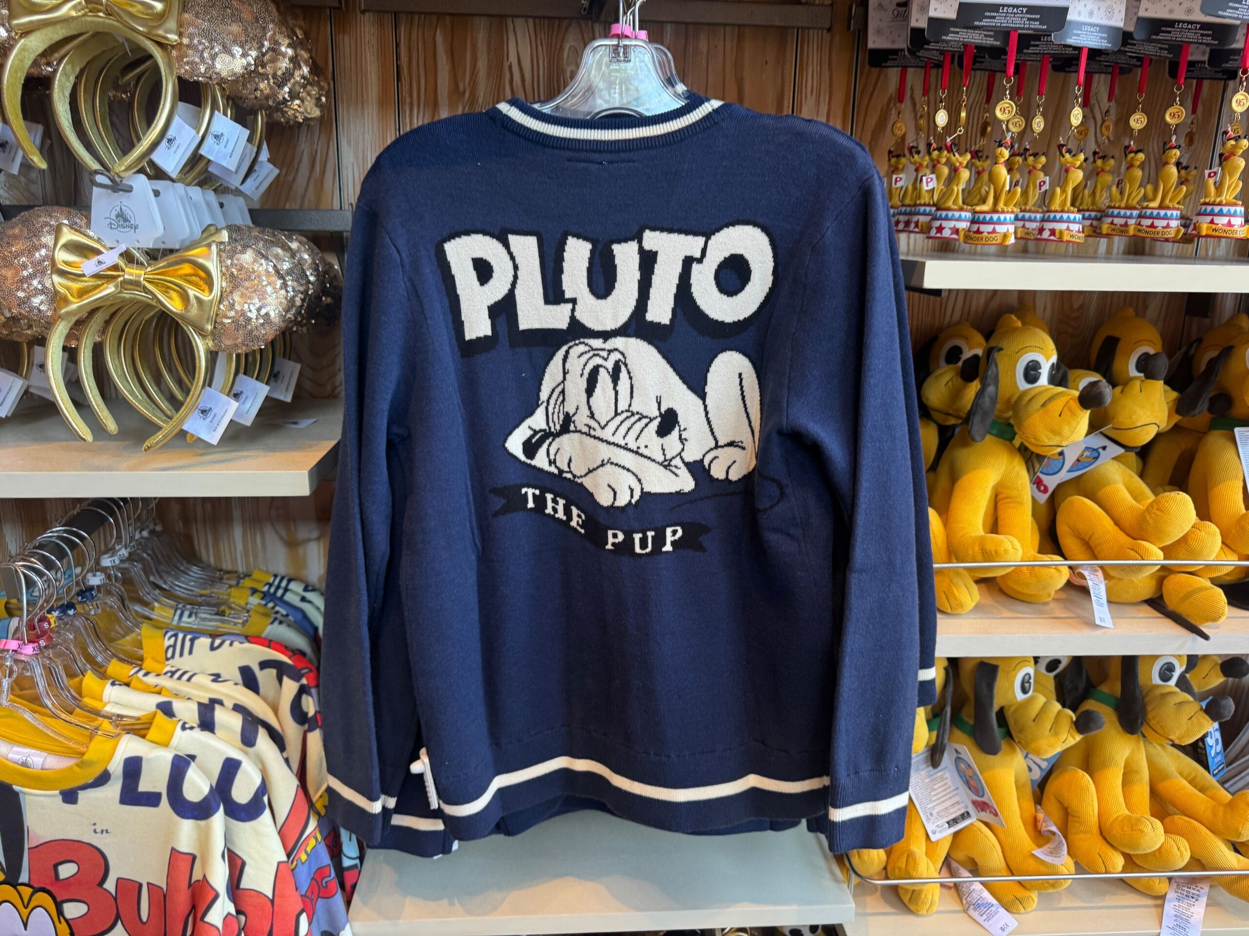 Navy sweater with "PLUTO THE PUP" and Pluto cartoon, displayed in a store with Pluto plush toys and Disney merchandise.