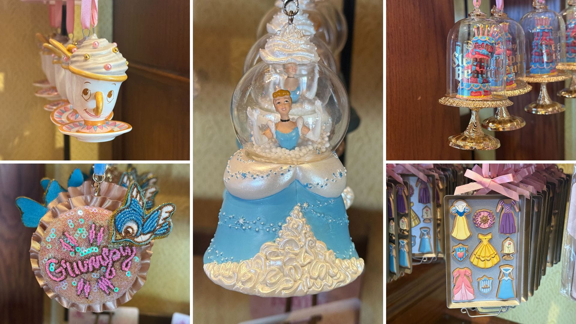 Five Disneyland-themed ornaments, including Chip, Cinderella, Belle’s glass dome, and a Sugarplum Princess Ornament.
