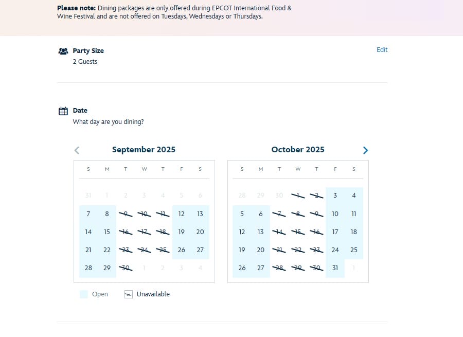 Calendar for Sept–Oct 2025 shows available Eat to The Beat Dining Package dates at EPCOT