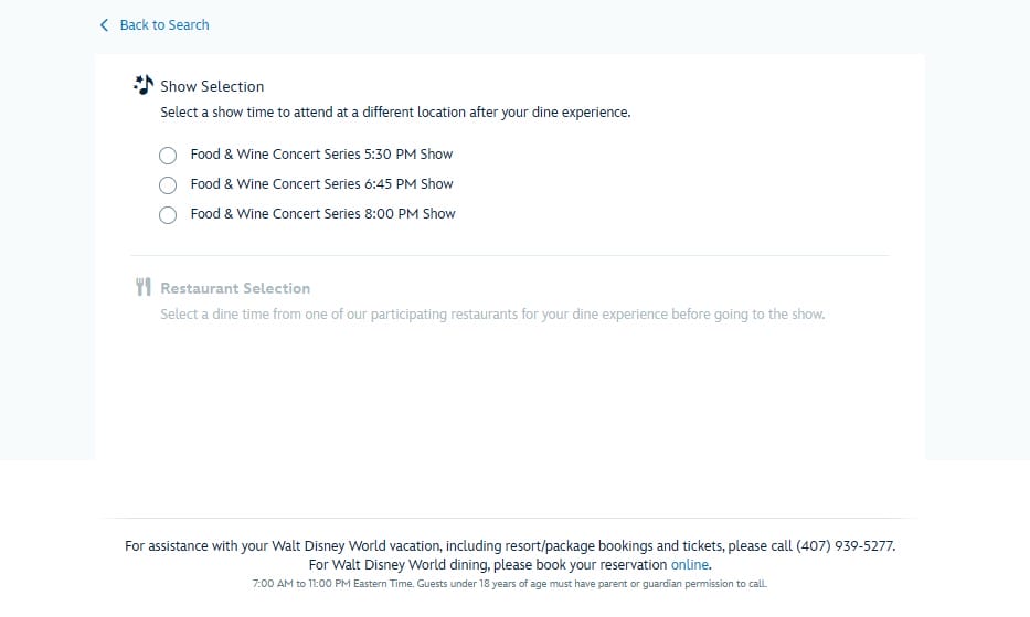 Showtime selection page with three Eat to The Beat 2025 showtimes and a gray, disabled Dining Package selection box.