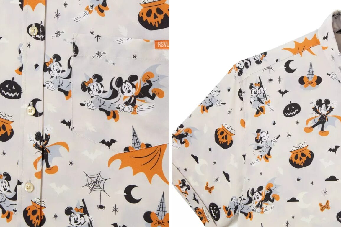 Close-up of an exclusive RSVLTS Halloween Shirt featuring Mickey, Minnie, pumpkins, bats, cobwebs, and orange umbrellas.