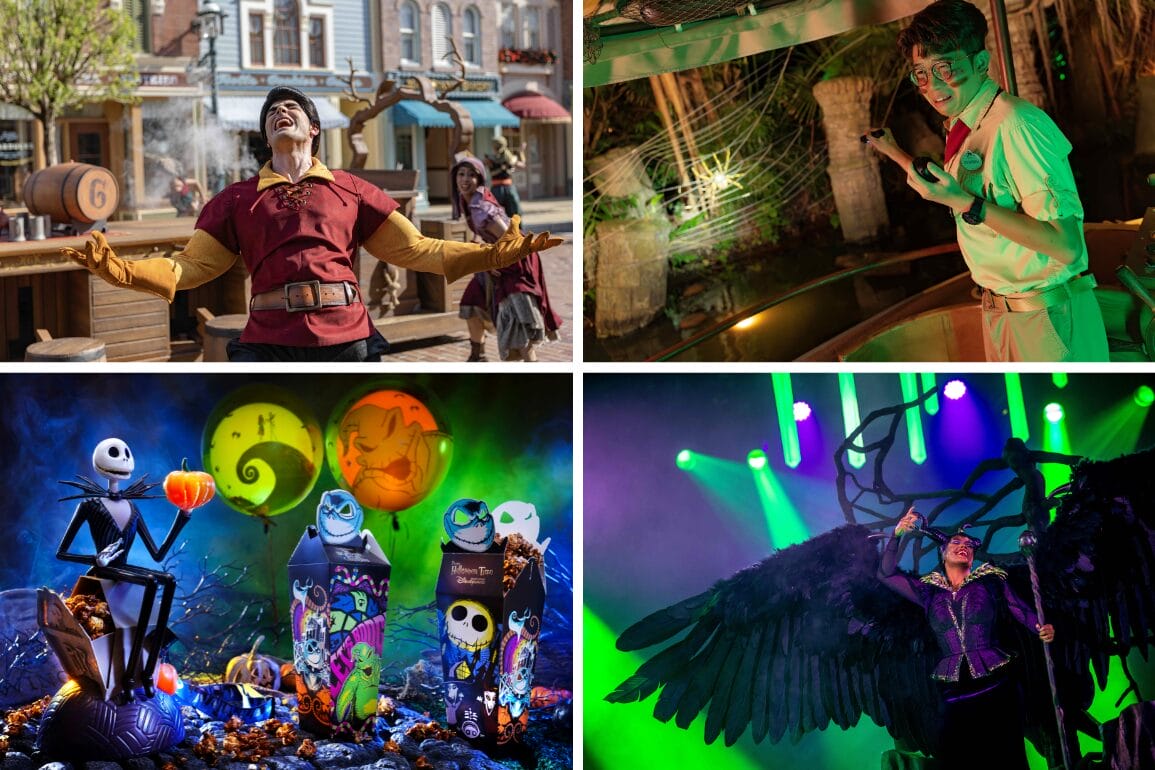 Four Hong Kong Disneyland scenes: a village performer, staff member, Halloween decor, and a Disney Villains stage act.