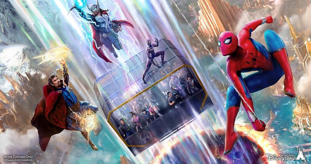 Marvel superheroes, including Doctor Strange and Spider-Man, battle above a ride vehicle with riders in a colorful cityscape.