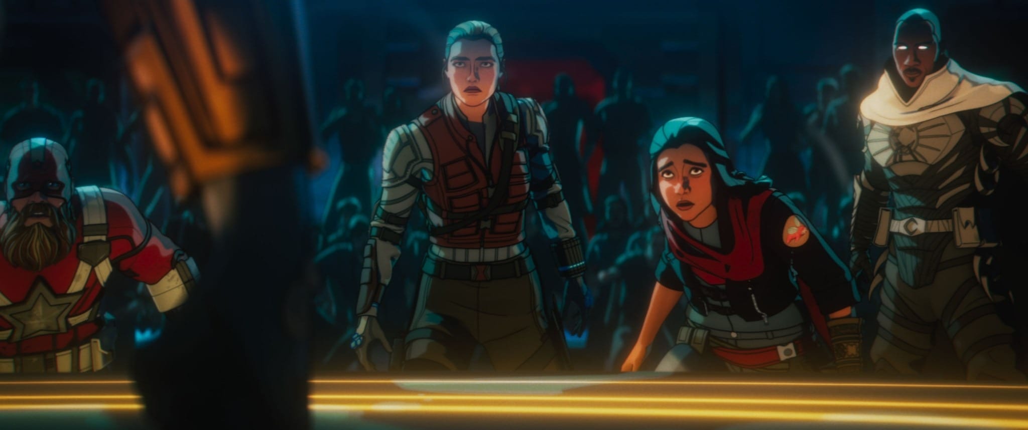 Four animated Marvel Zombies heroes stand tensely behind a glowing table, hinting at secrets in this thrilling trailer.