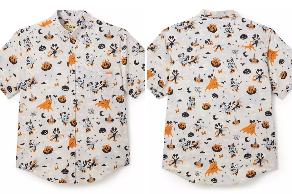 Exclusive RSVLTS Halloween Shirt with Disney print featuring Mickey, Minnie, pumpkins, and bats in orange and black.