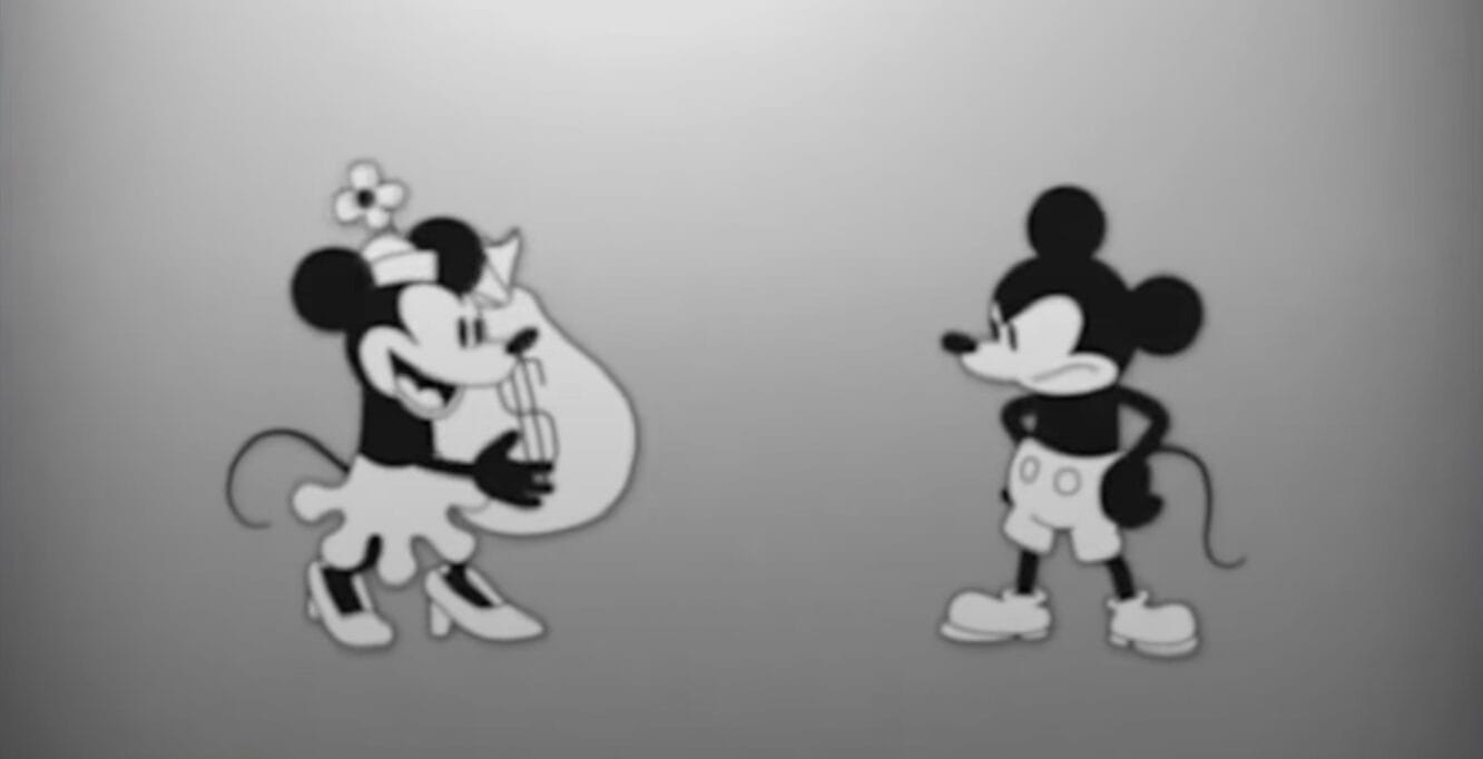 A vintage Steamboat Willie-style cartoon mouse with a harp faces another, both in black and white.