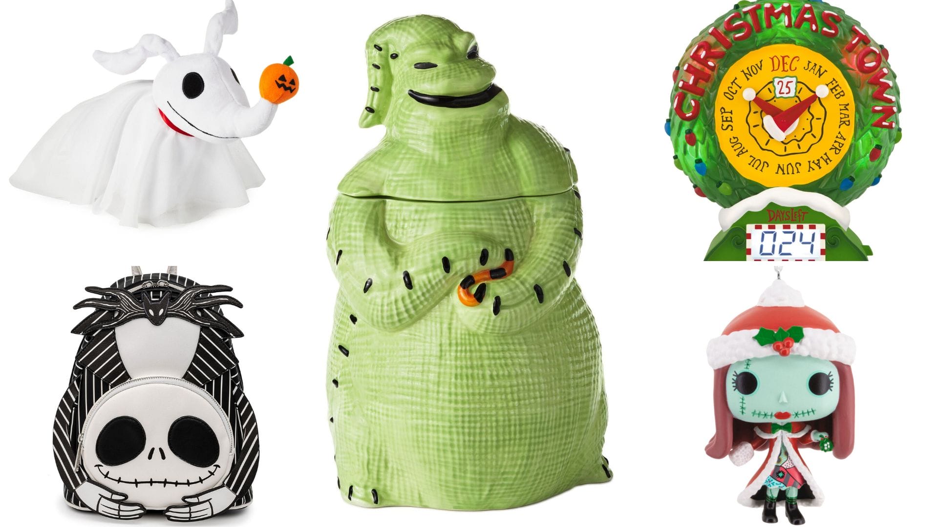 Five Hallmark Nightmare Before Christmas merchandise items featuring Zero, Oogie Boogie, Jack, Sally, and a Christmas Town clock.