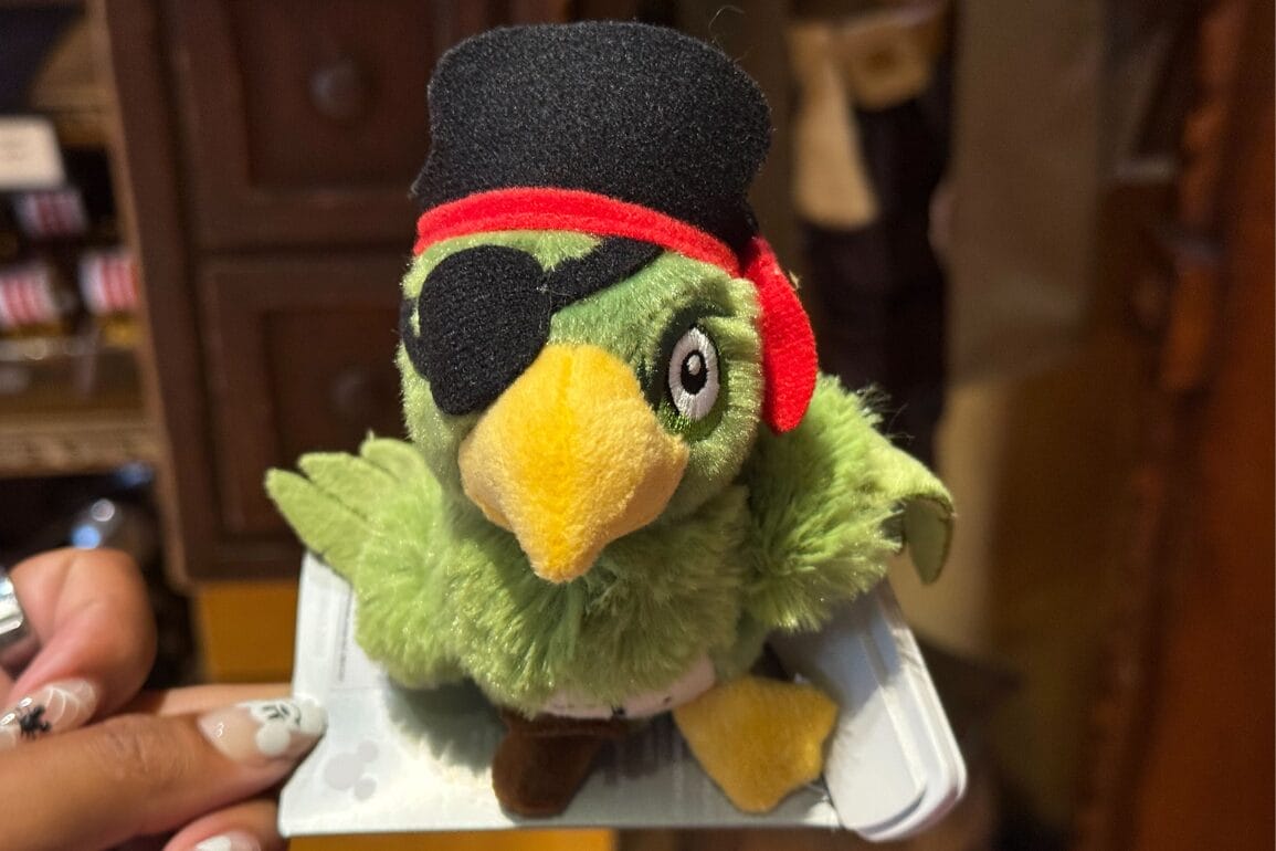 A plush green parrot dressed as a pirate with an eye patch and red headband, held by a person's hand.