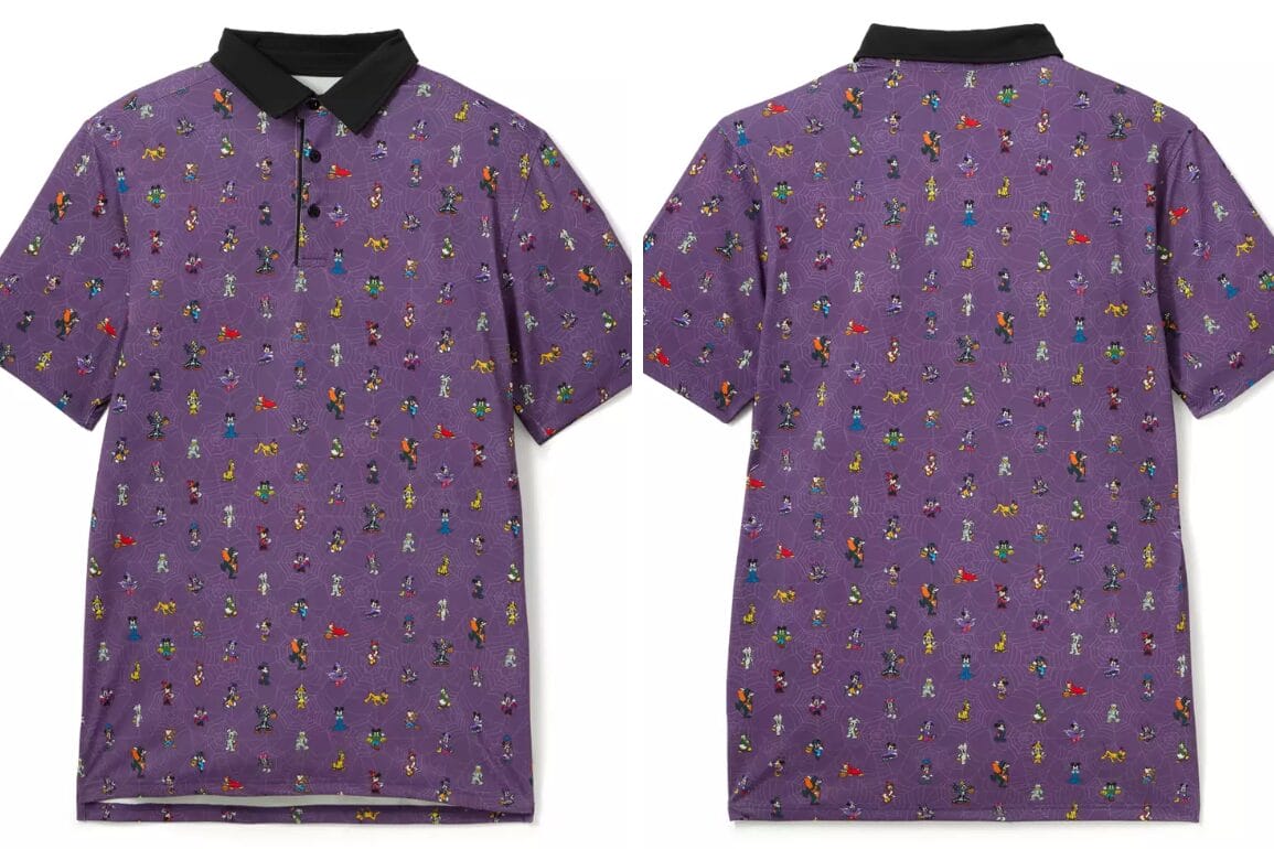 Exclusive purple polo shirt with a black collar and colorful character prints, shown front and back. Disney Store style.