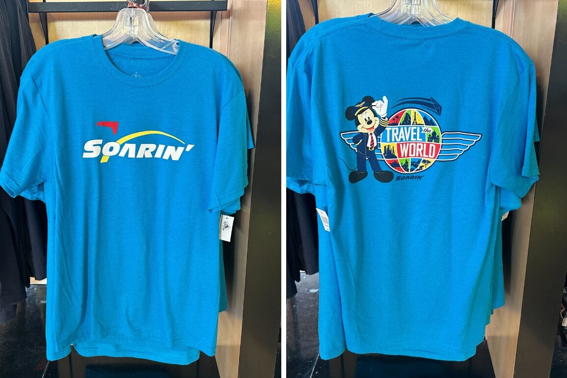 Blue Soarin' T-Shirt with logo; back features Mickey Mouse, EPCOT “Travel the World” and a colorful globe design.
