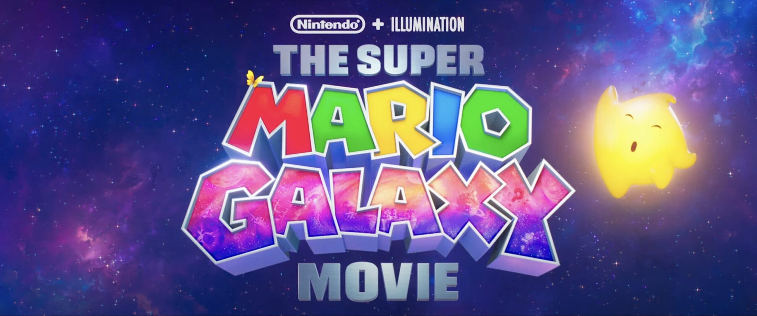 Logo for "The Super Mario Galaxy Movie" with a yellow star character, set against a colorful galaxy background.