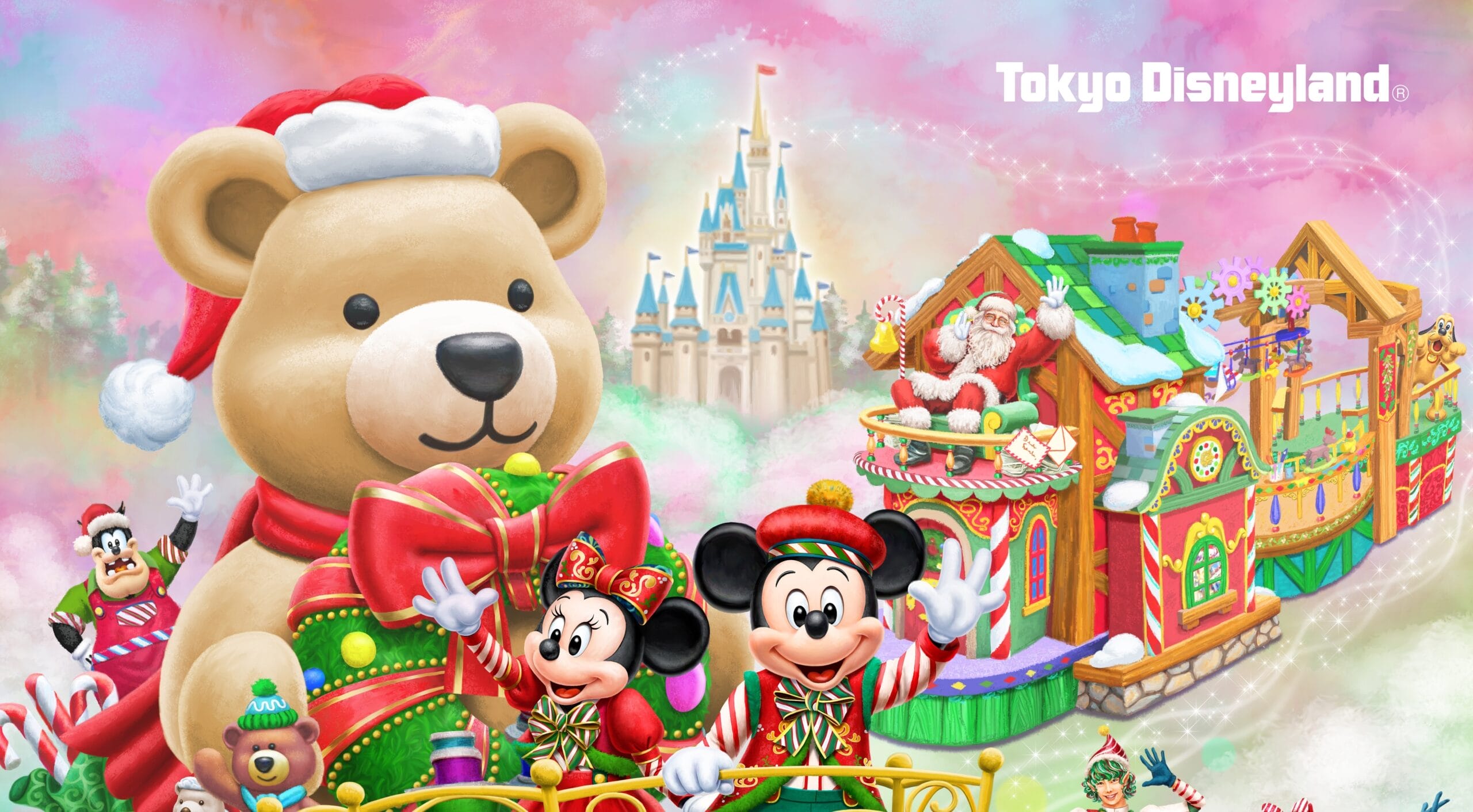 Mickey and Minnie in Christmas outfits wave beside a giant teddy bear during the Tokyo Disneyland Christmas Parade.