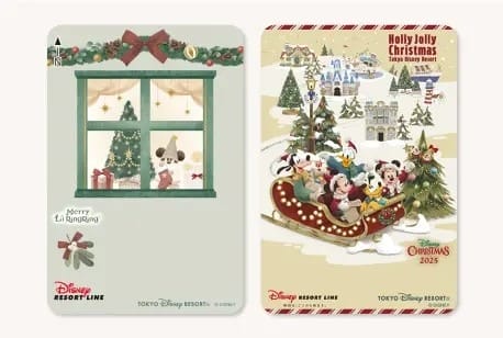 Two festive Tokyo Disneyland holiday cards: a window scene and Mickey & friends on a Christmas Parade sleigh ride.