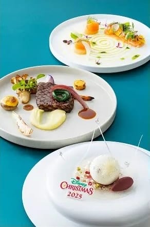 Three gourmet plated dishes, including dessert with "Disney Christmas 2023" at Tokyo Disneyland.
