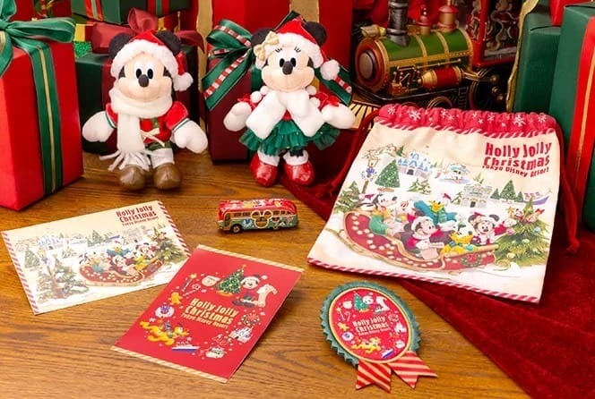 Assorted Disney Christmas gifts from Tokyo Disneyland, featuring Mickey and Minnie plushies, cards, and festive decorations.