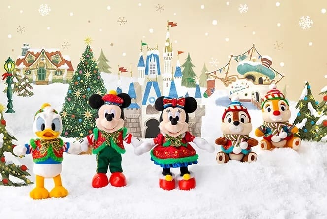 Plush Disney characters in festive outfits celebrate by a Christmas tree and castle, inspired by Tokyo Disneyland’s Christmas Parade.