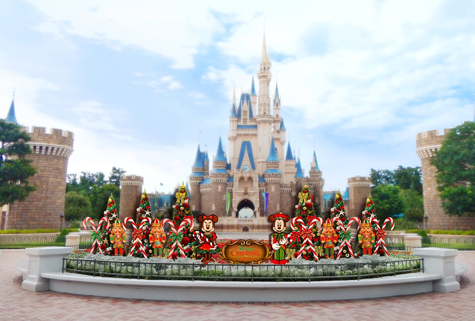 Cinderella Castle at Tokyo Disneyland with Christmas decorations, Mickey and Minnie figures, candy canes, and festive trees.