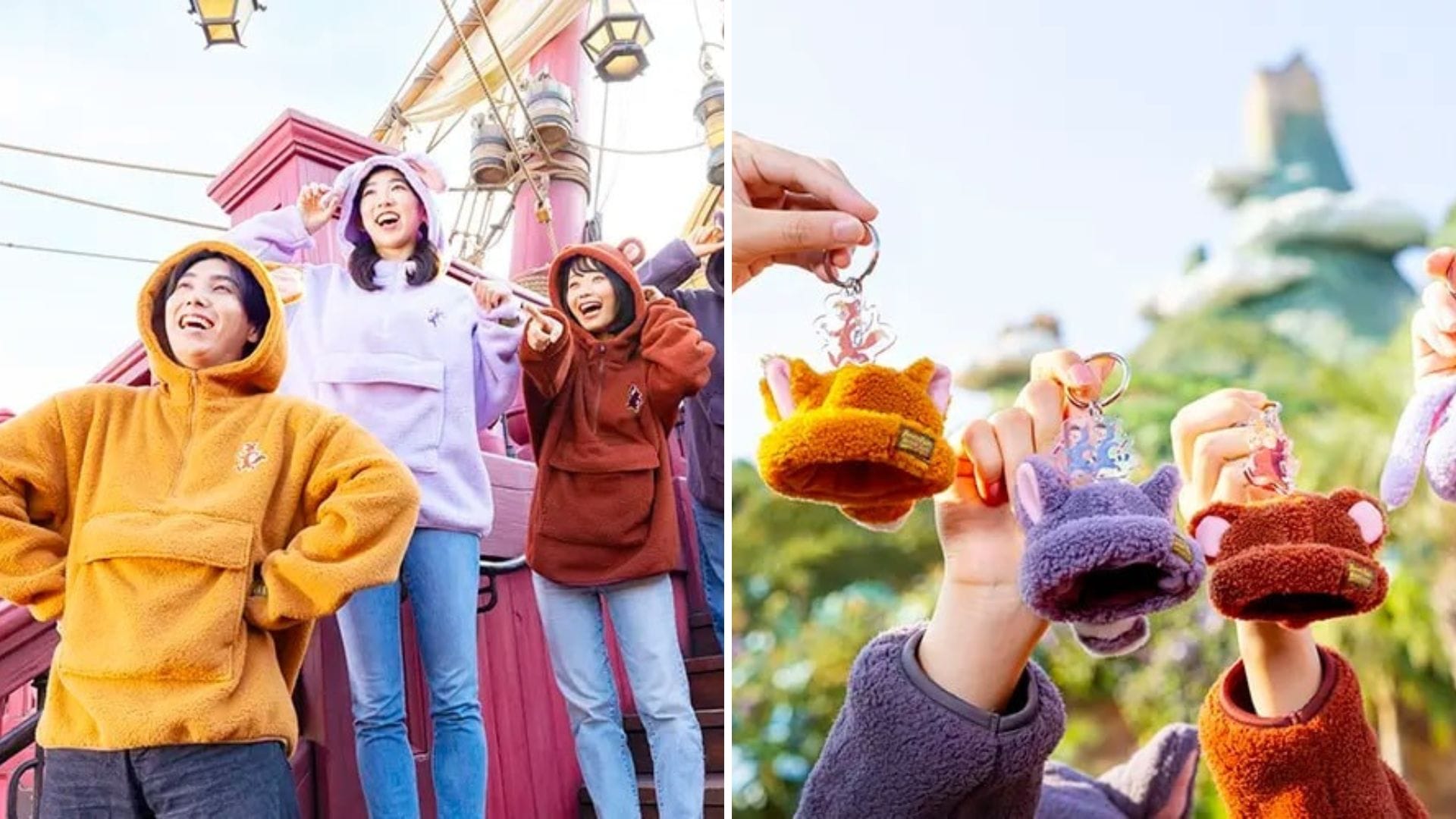 Three people in Lost Boy hoodies smile outdoors, holding matching plush hat keychains—perfect Peter Pan merchandise.