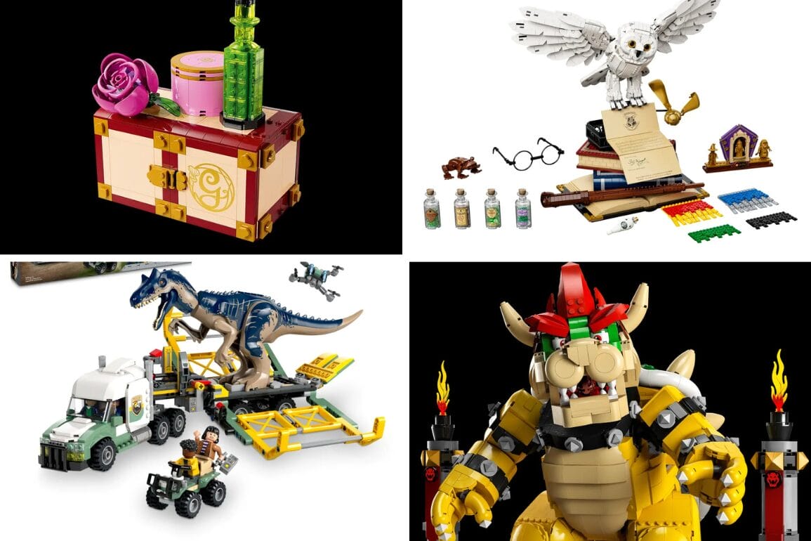 Four LEGO sets: a chest with rose, Hogwarts Express, dinosaurs with truck, and a large Bowser figure from Mario.
