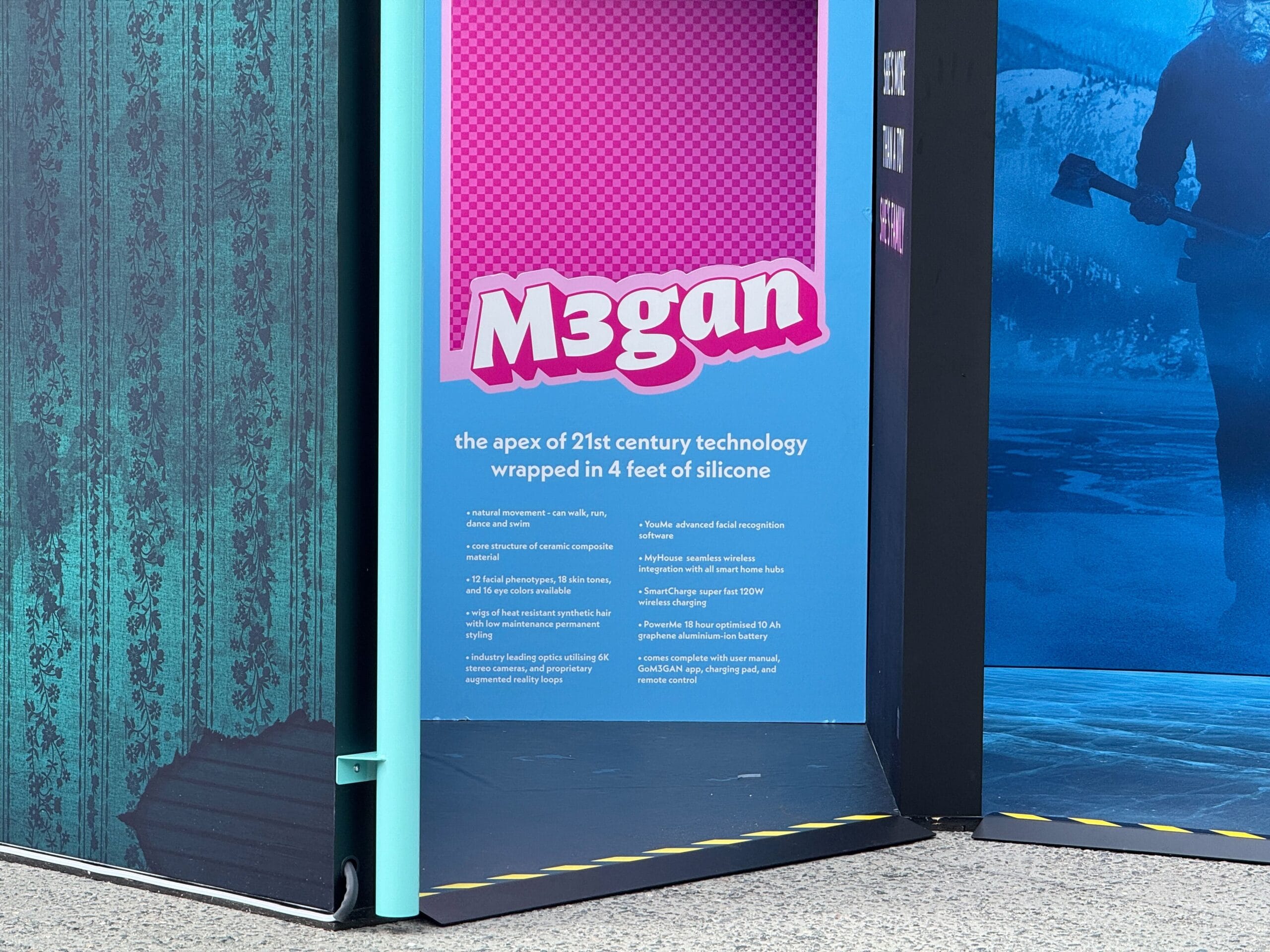 A display panel for "M3gan" describes it as advanced 21st-century technology wrapped in 4 feet of silicone.