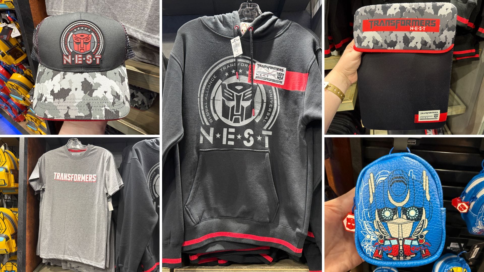 Collage of Universal Orlando Resort Transformers NEST merchandise: hats, shirts, a hoodie, pouch, and Optimus Prime blue bag.