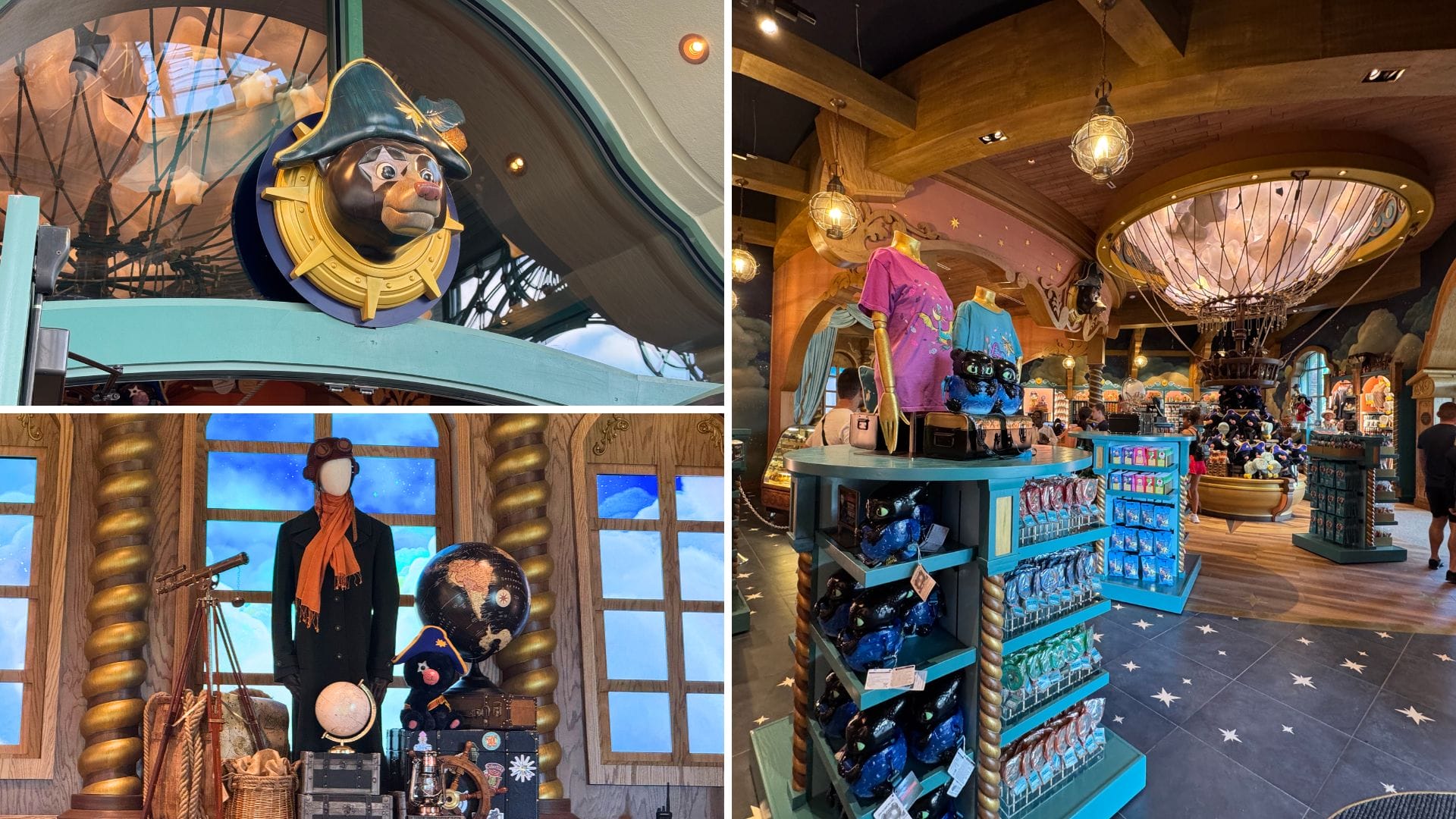 Collage of a nautical-themed store with a pirate figurehead, ship decor, and Epic Universe souvenirs and clothing.