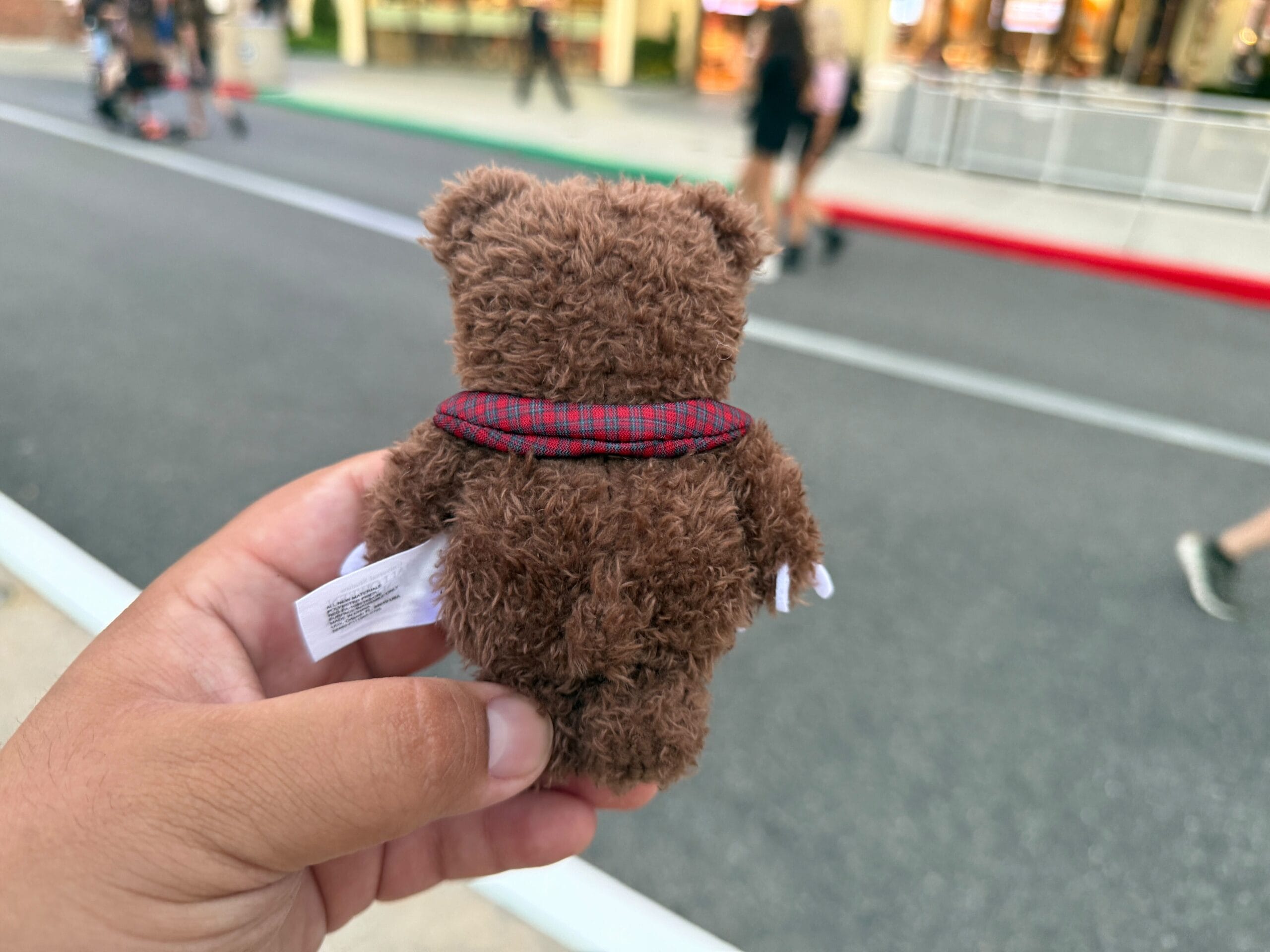 A hand holds a small brown teddy bear wearing a red plaid scarf on a street with people walking in the background.