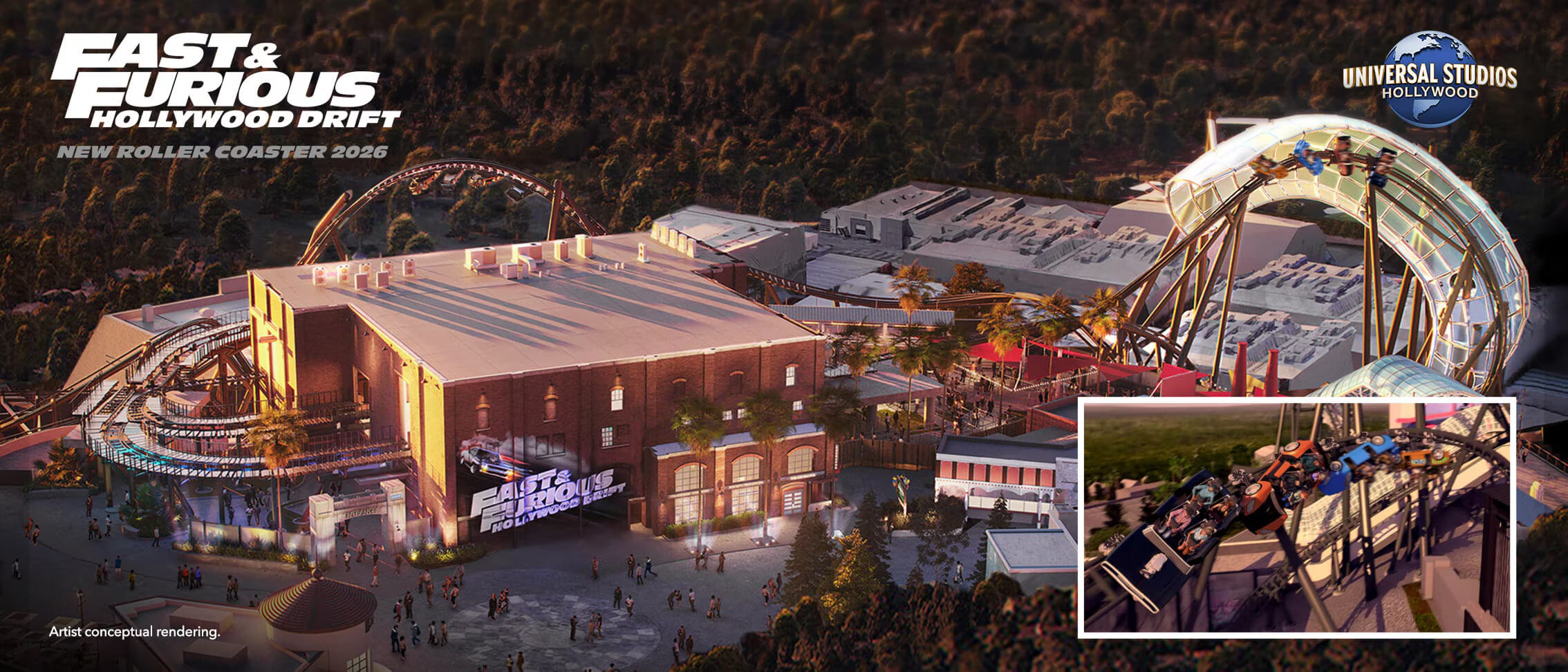 Artist’s rendering of the Fast & Furious: Hollywood Drift roller coaster at Universal Studios Hollywood.