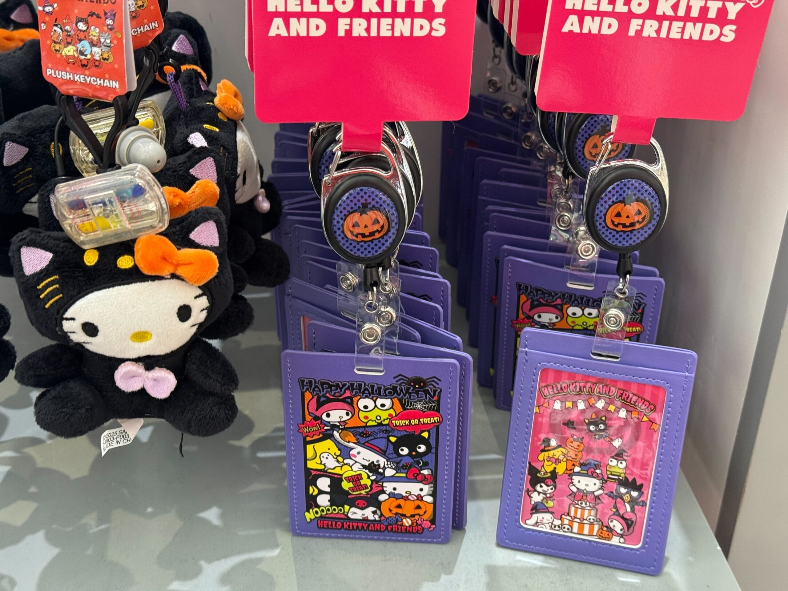 Hello Kitty Halloween merchandise and plush keychains on display at Universal Studios Hollywood.