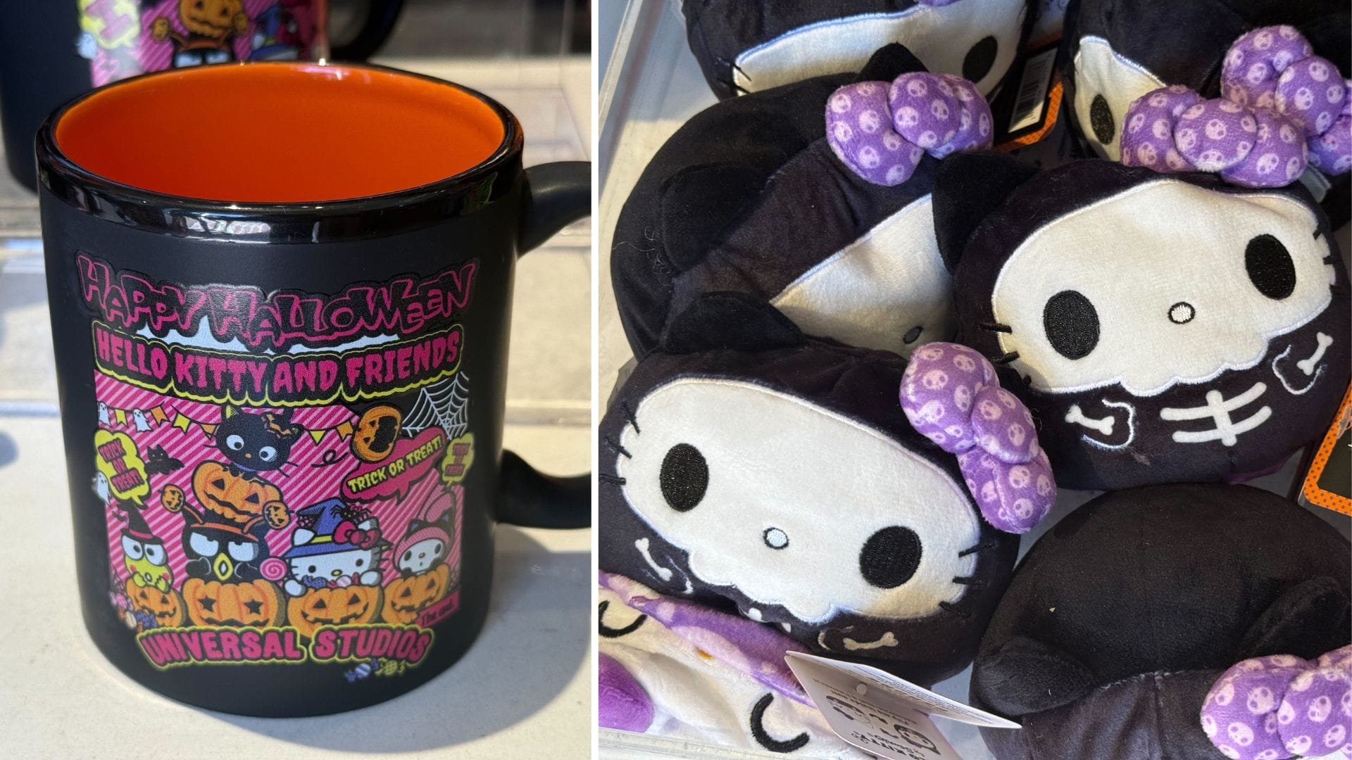 Black mug with Hello Kitty Halloween design and plush toys in skeleton costumes from Universal Studios Hollywood.