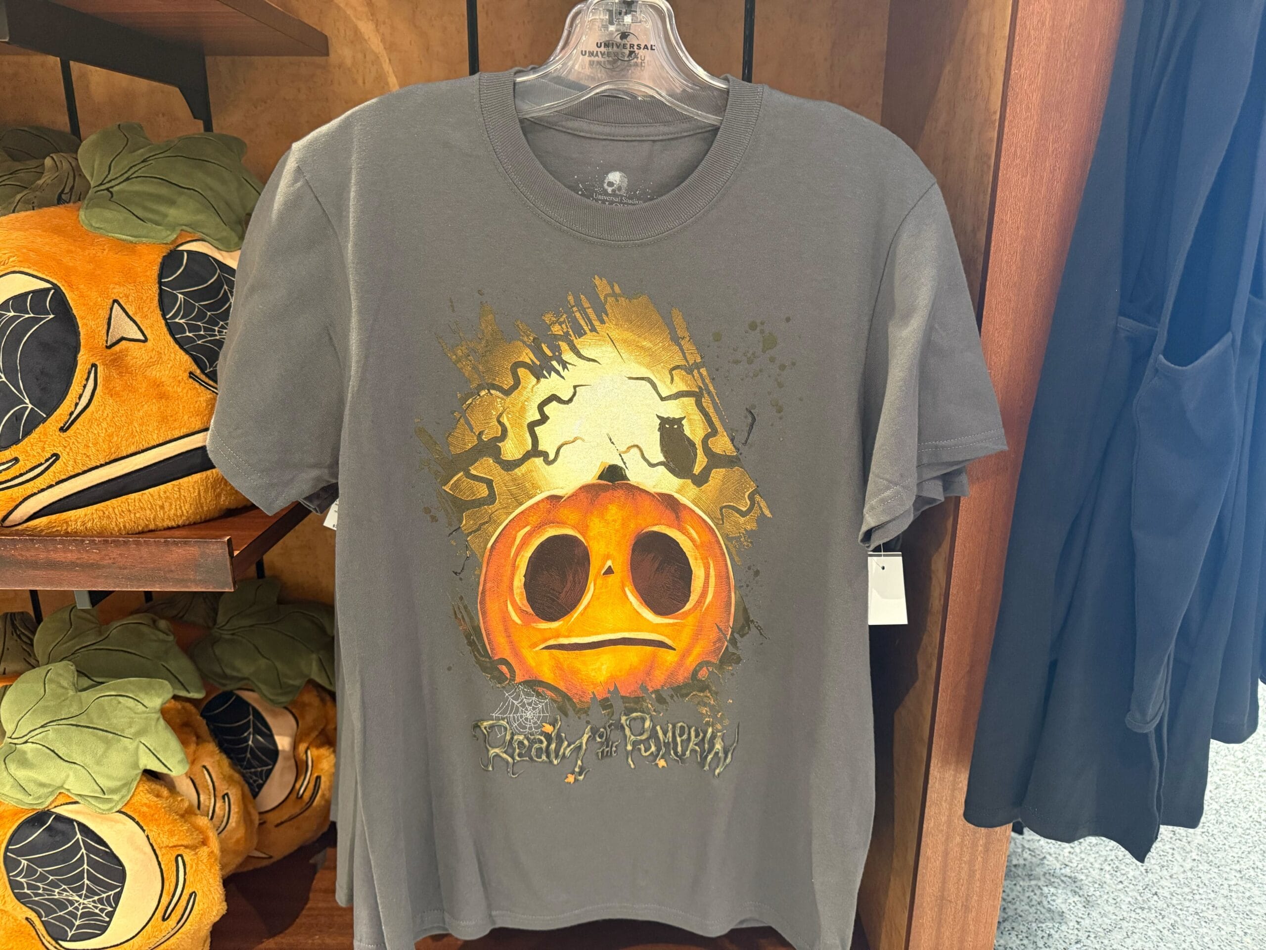 Gray t-shirt with a sad orange pumpkin face, "Ready for Pumpkins"—must-have Halloween Horror Nights Merchandise.