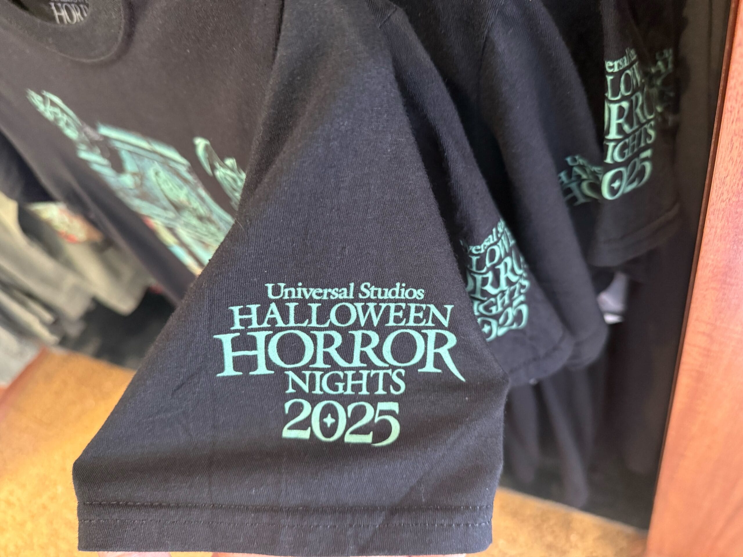 A black T-shirt with "Halloween Horror Nights 2025" printed on the sleeve in light blue-green text.