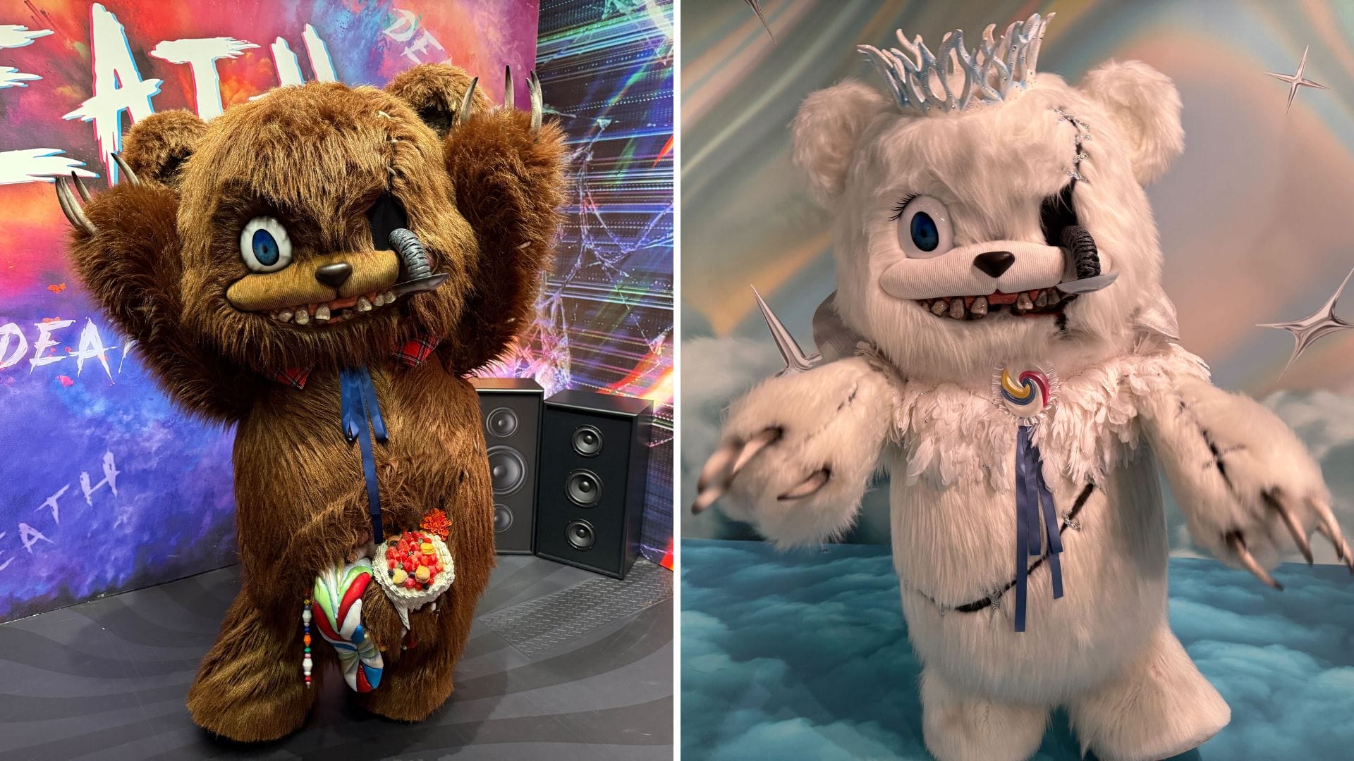 Two people in scary HamiKuma bear costumes pose indoors at Universal Studios Japan’s Halloween Horror Nights.