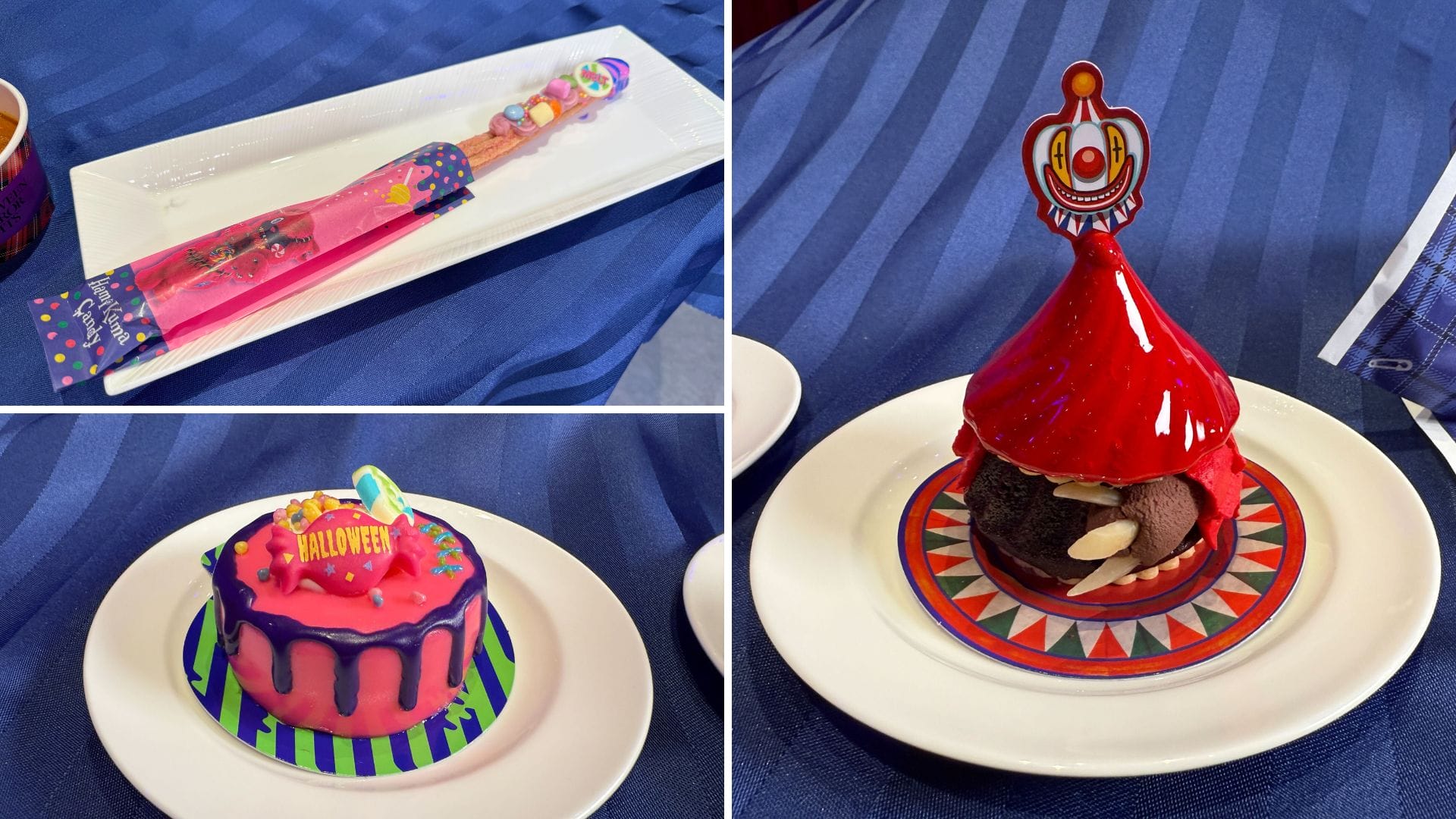 Three colorful HamiKuma-Inspired desserts at Universal Studios Japan, perfect for Halloween Horror Nights 2025.