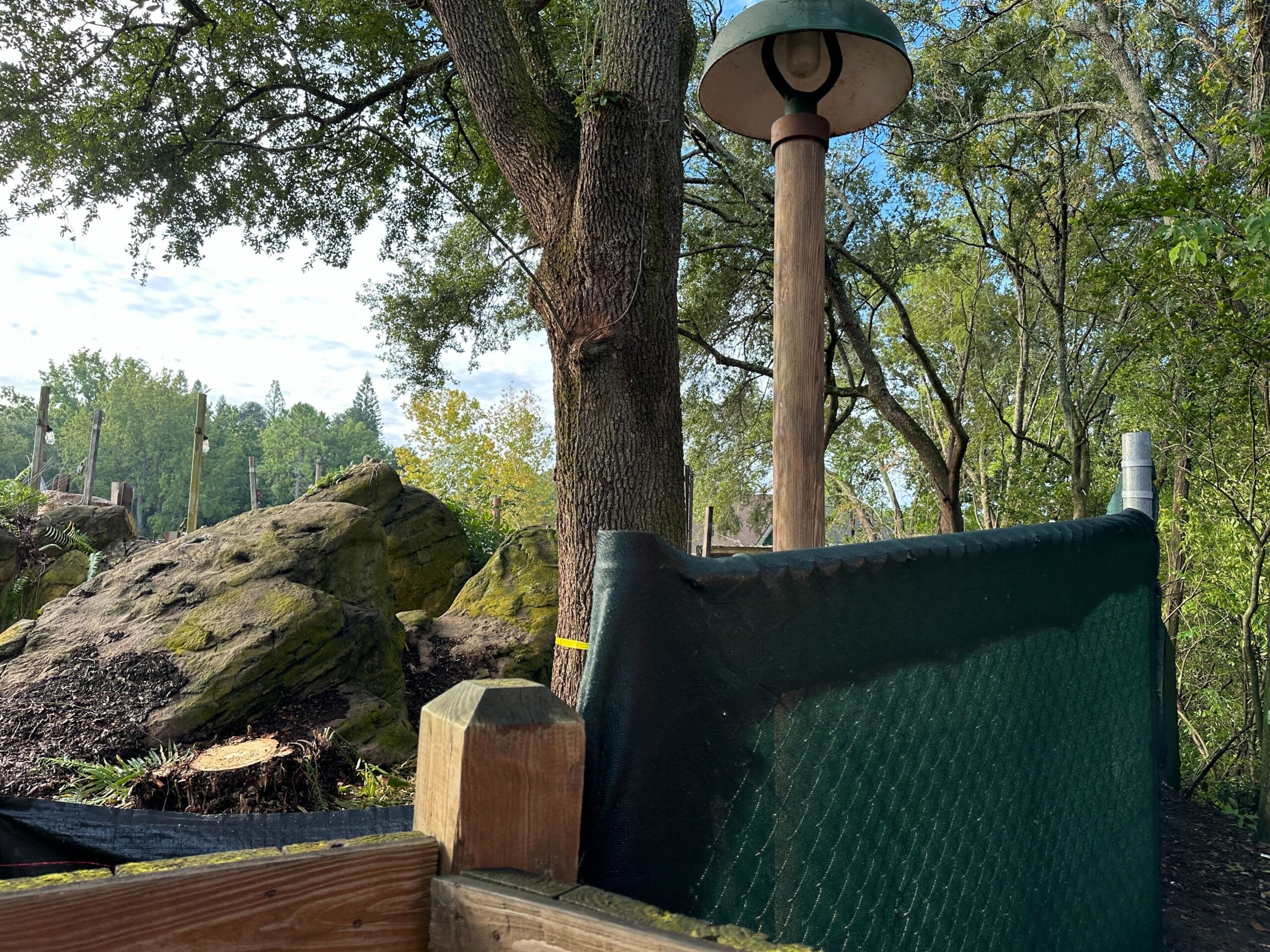 A tall lamp post stands behind a green fence near trees and large mossy rocks in an outdoor setting.