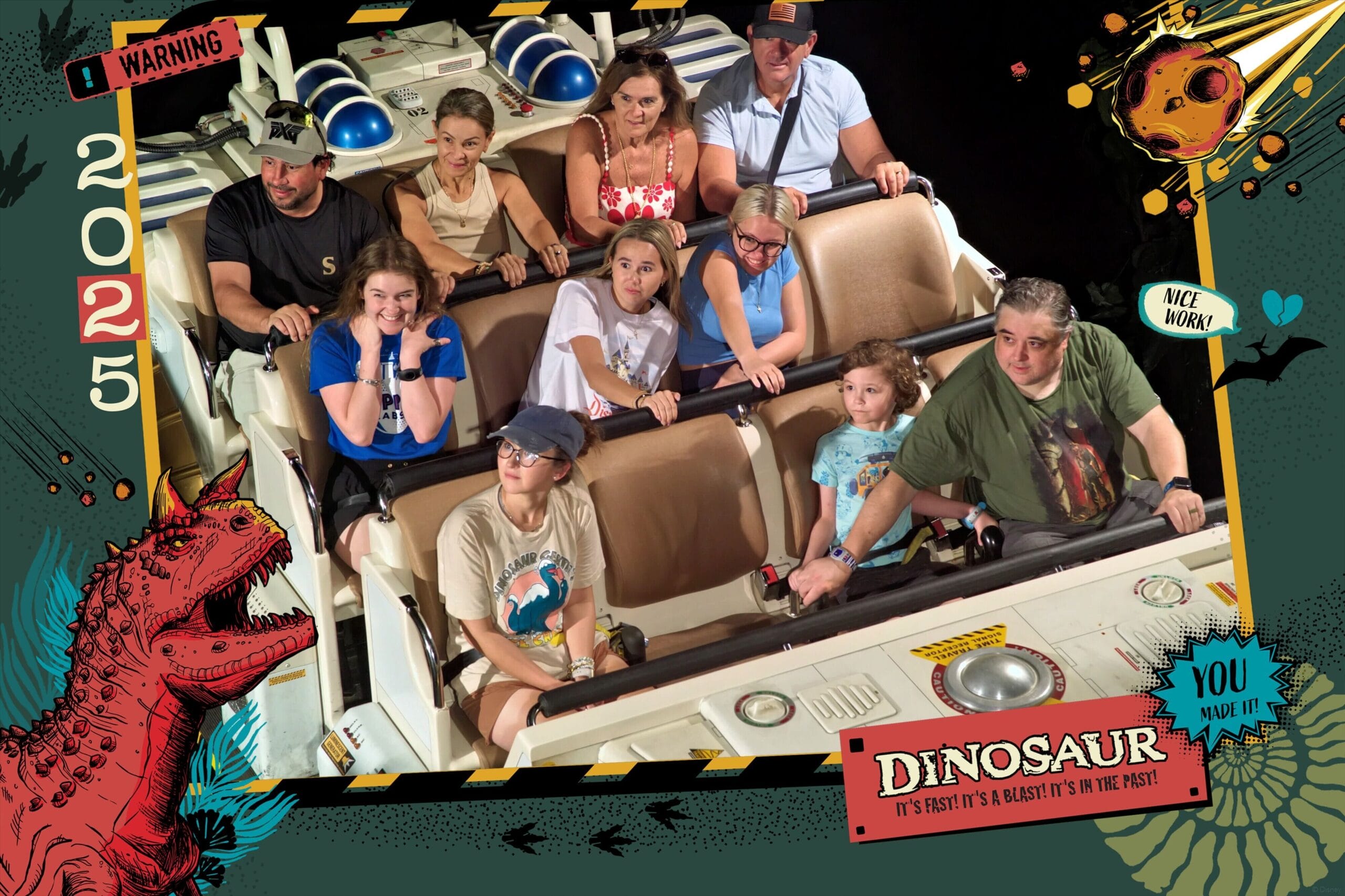 Eight people ride DINOSAUR at Animal Kingdom, captured in an on-ride photo frame as they react with fear and excitement.
