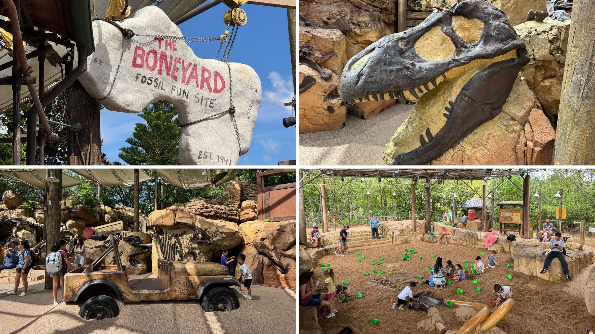 Collage of The Boneyard at Disney's Animal Kingdom featuring fossil digs, a jeep, and kids playing in sand.
