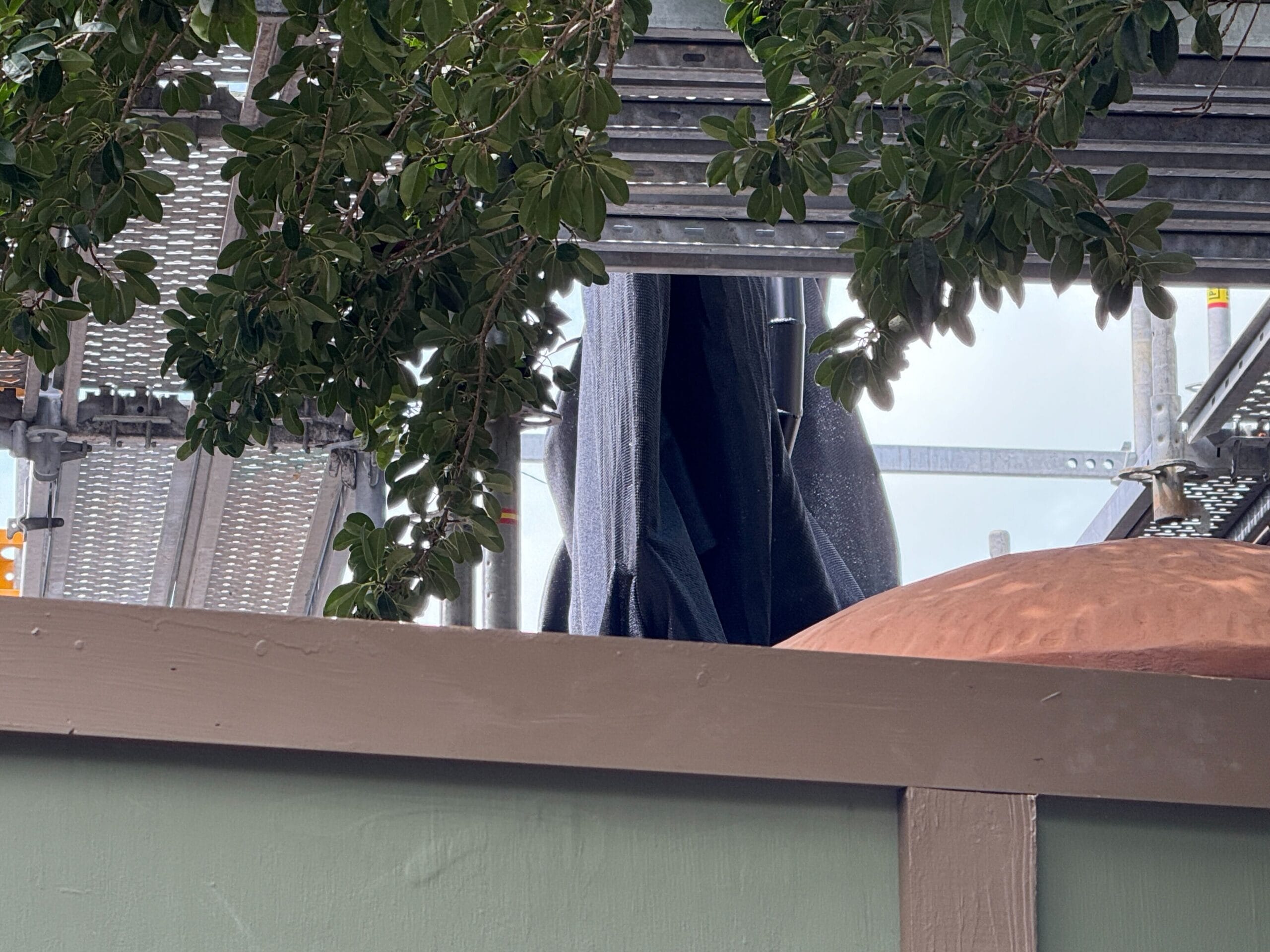 View through leaves and scaffolding of a tall, dark, draped object partly hidden behind a green construction barrier.